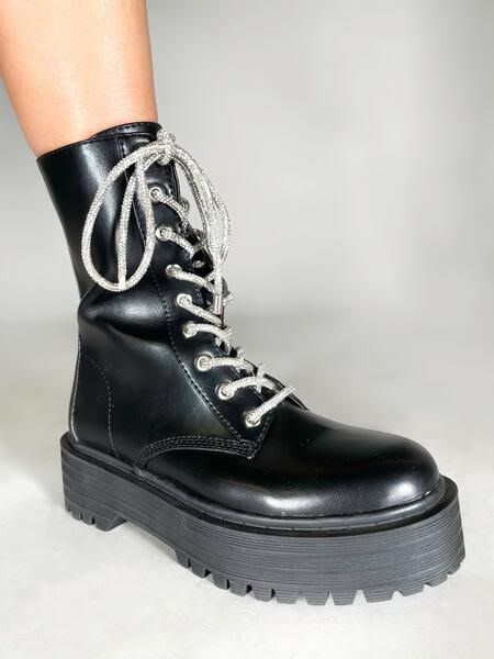 Bossy - Black Combat Boot with Silver Rhinestone Shoestrings