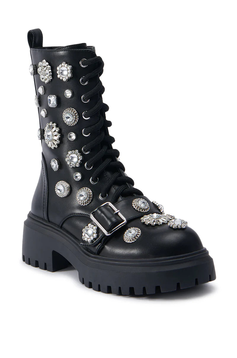 Mina - Black Crystal Studded Combat Boot