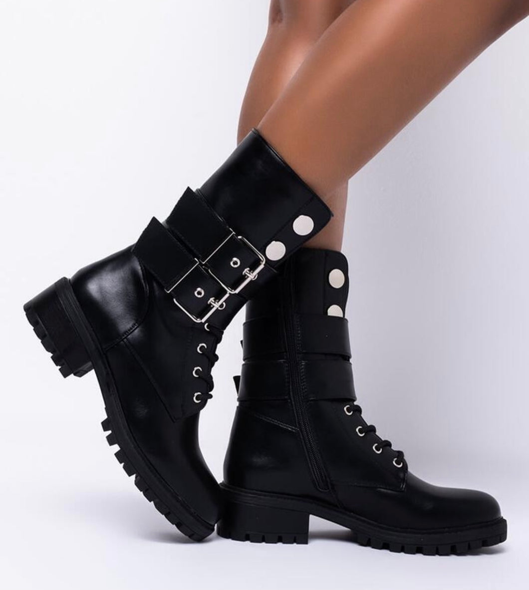 Weekend - Black Strapped Combat Boot